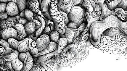 Leinwandbilder - A visually captivating display of intricate black and white patterns interwoven with swirling shapes, creating an abstract artistic expression. The design features a variety of textures and forms