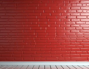 Poster - Smooth red brick wall with glossy finish and seamless texture. Red brickwork background with wooden white floor and white plinth. Modern design with red cement brick blocks and glossy surface.