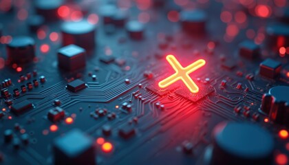 Aufkleber - Glowing red X error symbol on circuit board. The illustration represents system failure data loss. Warning sign in cyberspace. Security risk alert on digital electronic background.