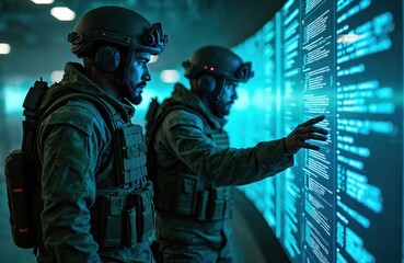 Two soldiers in military uniform analyze digital information on large display screen. High-tech cyberspace environment, modern network security, data protection concept, cyber warfare. Military