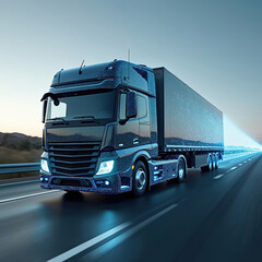 Aufkleber - Futuristic AI-powered truck driving fast on highway. Digital transport tech with automation, network for delivery, freight. Modern logistic vehicle in motion. Autonomous truck concept with data