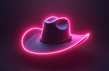 Poster - Neon cowboy hat with glowing neon lights. Stylish accessory, retro fashion item with pink, purple highlights. Modern classic cowboy hat, isolated on dark background. Design element for posters,