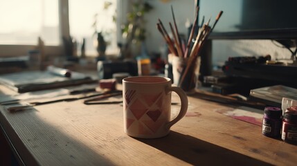 Aufkleber - A close-up view of a hand-painted clay mug sits on a busy workbench surrounded by scattered brushes and colorful ink pots illuminated by warm light