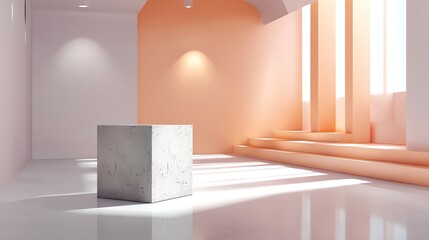 Poster - Hexagonal concrete display stand showcases its textured surface atop a pale terracotta shelf in a softly illuminated contemporary setting, creating an elegant aesthetic