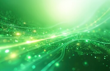 Fototapete - Abstract green tech design with light beams. Digital network data flow, energy, innovation concept. Modern eco-friendly tech background, futuristic design. High-tech background for presentation.