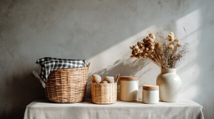 Fototapete - Close-up of a rustic shelf showcasing woven baskets, ceramic jars, and dried flowers, with soft sunlight creating a warm and inviting atmosphere