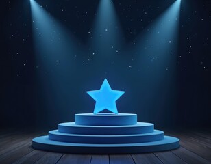 Aufkleber - Blue star podium under spotlights. Abstract design, three-dimensional rendering, product presentation. Blank stage, empty space for text. Concept of awards, success, showcase. Luxury presentation,