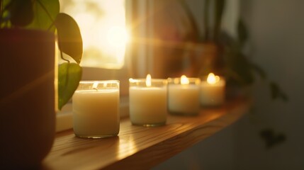Fototapete - Artisanal candles are neatly arranged on a wooden shelf, glowing softly in the warm sunlight that streams through a nearby window, evoking calmness and craftsmanship