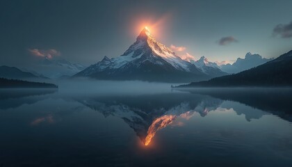 Aufkleber - Majestic mountain peak reflects in serene lake. Futuristic city skyline backdrop. Calm water mirrors, sky. Nature, technology blend in breathtaking panoramic view.