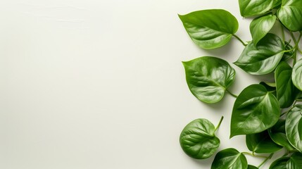 Poster - Heart-shaped leaves and vines from the Telosma cordata plant are neatly arranged on a white backdrop, creating a harmonious and fresh flat lay composition