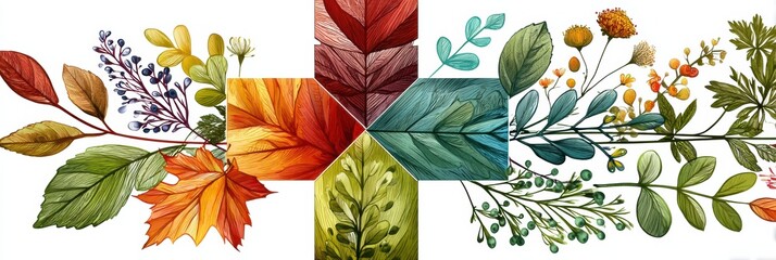 Aufkleber - Colorful Leaves and Healing Herbs Form a Vibrant Medical Cross in a Natural Arrangement Showcasing the Beauty of Nature and Wellness