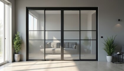 Poster - 3D rendering of modern interior space. Frosted glass, metal sliding doors, double panel design. Apartment hall view, white walls. Empty room for home design. Wooden floor. Sunlight through window
