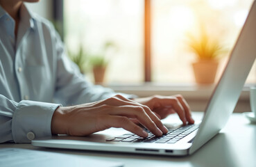 Aufkleber - Person typing laptop bright sunlit workspace. Focus on hands on keyboard, display screen. Tech-driven environment, showcasing productivity, information management, modern office, home office setup.