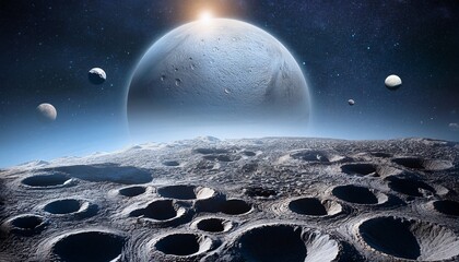abstract other worldly space surface craters with planet in background
