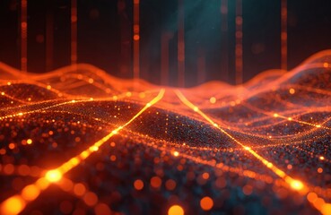 Fototapete - Futuristic illustration of tech space. Network of luminous orange glowing lines, dots. Abstract digital information flow, data, cyberspace, innovative connections, network, circuit, web, tech