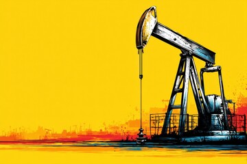 Poster - Bold Pop-Art Style Illustration of a Pumpjack Icon Against a Vibrant Yellow Background Showcasing Energy Production
