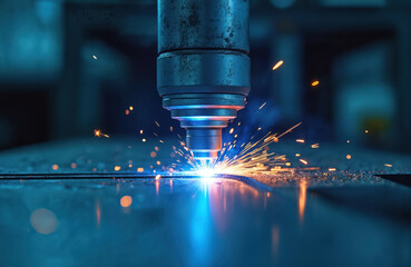 Leinwandbilder - Welding process. Sparks, industrial machine creates sparks during welding metal sheet in tech manufacturing factory. Automated process in metallurgy industry. Engineering, tech, industrial inspection