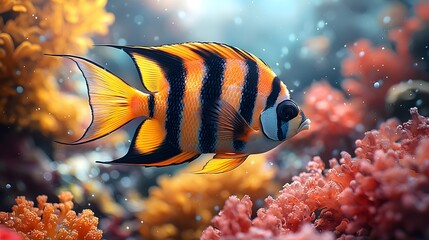 Wall Mural - Vibrant striped angelfish gliding through a lush coral reef
