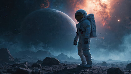 Wall Mural - astronaut stands on alien planet with large planet and nebula in background. space exploration adven