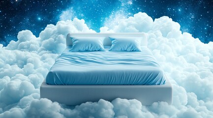 Wall Mural - bed is floating in the clouds with pillows and blankets