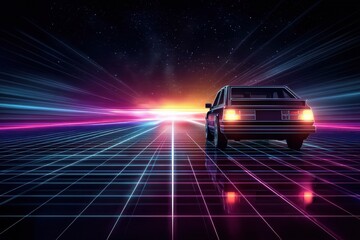 Aufkleber - Retro 80s Synthwave Car Speeds Across a Vibrant Grid Under a Starry Night Sky