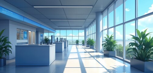 Poster - Anime style illustration of airport interior. Modern design with light, large windows, plants. Generative AI art, interior scene, office space, architecture, futuristic, urban, bright, airy. Ideal