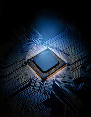 Wall Mural - a dramatic closeup of a microprocessor glowing on a circuit board, symbolizing technological innovat