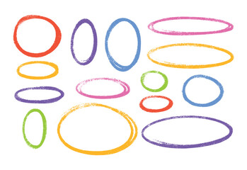 Wall Mural - oval highlight pastel color crayon shapes set - hand drawn sketchy rough ellipse circles design elem