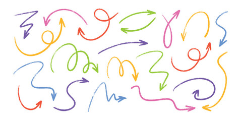 Wall Mural - pastel chalk arrow doodles set - hand drawn swirls, pointers, curved lines. artistic colored pencil 