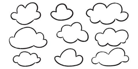 Wall Mural - kid crayon clouds set - various cute simple shapes outlines drawn by hand. isolated black line carto