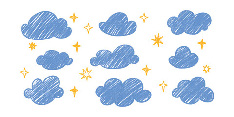 Wall Mural - doodle kid chalk crayon cloud designs - clumsy asymmetric starry night sky cartoon cliparts. childis