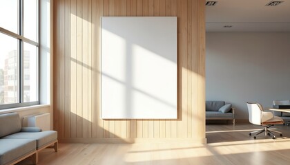 Poster - Empty vertical blank white sign mockup in modern office. Empty picture frame on wooden wall. Interior with large window, sofa, chair. Office decor for business presentation poster design.
