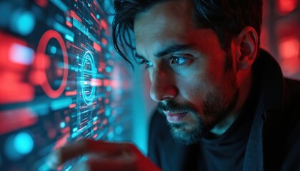 Aufkleber - specialist analyzes complex patterns of AI behavior thwarting potential breaches. Cybersecurity expert monitors data streams, network traffic in virtual cyberspace. Computer engineer, data scientist,