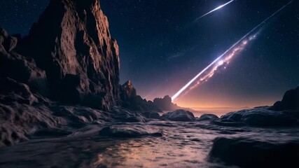 A rocky landscape with a bright star in the sky