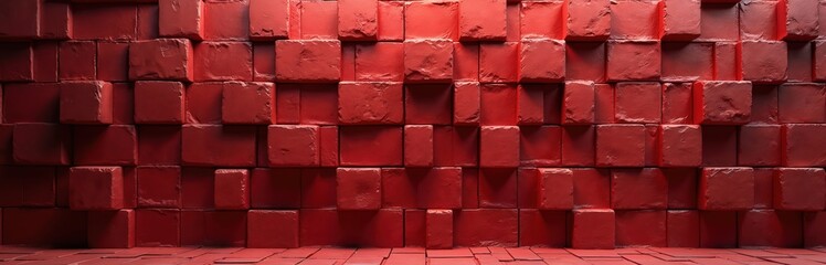Poster - Red brick wall 3D abstract background. Geometric squares create textured surface. Modern structured design for architecture, interior. Bold, stylish cube pattern, decorative element, futuristic look.