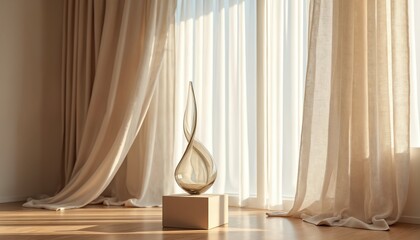 Aufkleber - Elegant glass sculpture stands on pedestal near sheer linen curtains. Natural light streams through window, creating soft shadows on wooden floor. Modern interior design. Minimalist home.