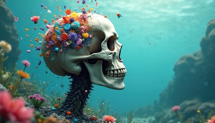 Poster - Skull with colorful objects concept of nano plastic pollution, environmental issues. Digital illustration shows concept human mind pollution with waste in sea, ocean. Artwork representing nano