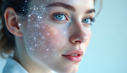 Aufkleber - Digital portrait of woman face. Technology network overlays skin. Futuristic tech, beauty, digital transformation concepts. Cybernetic design, modern AI face visualization.