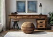 © zaryab - Rustic Wooden Desk with Stool, Lamp, Decorative Art, and Woven Ottoman in Cozy Room for Home Office and Interior Design Showcase
