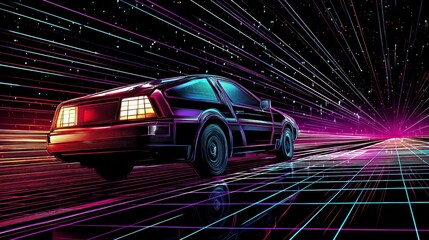 Poster - Retro 80s Synthwave Car Speeds Through a Neon Grid Under a Starry Sky in a Vibrant Digital Landscape