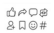 © Viacheslav - Social media outline icon set – linear style communication and sharing symbols for digital interaction: thumbs up, repost, comment bubble, retweet, follow, bookmark, smiley, hashtag