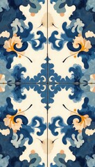 Poster - Abstract background design with repeating pattern in blue, beige, yellow. Decorative illustration, tile, decor element, for wallpaper, textile, ceramic, fabric, home decor, artistic graphic design,