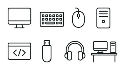 Computer and technology icon set – outline style digital and tech elements for computing and web design: monitor, keyboard, mouse, server, code, usb drive, headphones
