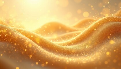 Poster - Illustration gold waves with glowing dust particles. Abstract background, fluid lines, motion effects, bokeh lights, shiny golden metallic color with bright light. Luxury, wealth, elegance, glamour