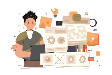 Wall Mural - web development concept with cartoon people in flat design. man programming applications and coding 