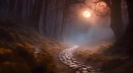 Wall Mural - A winding pathway through a misty forest illuminated by a full moon creating a serene and mystical nighttime landscape seamless looping time lapse virtual video animation background 4K
