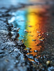 Fototapete - Rainbow Colors Reflecting in a Puddle of Oil on Asphalt Creating a Vibrant and Mesmerizing Close-Up View at Street Level
