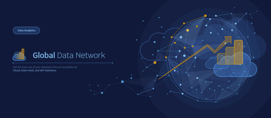 Wall Mural - abstract quantum big global cloud data network connection dark blue banner or header, wireframe conn