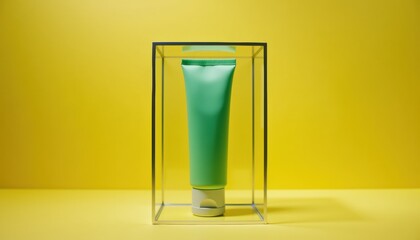 Aufkleber - Green skincare tube displayed in clear box against yellow background  