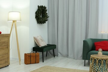 Poster - living room interior with stylish furniture and elegant curtains